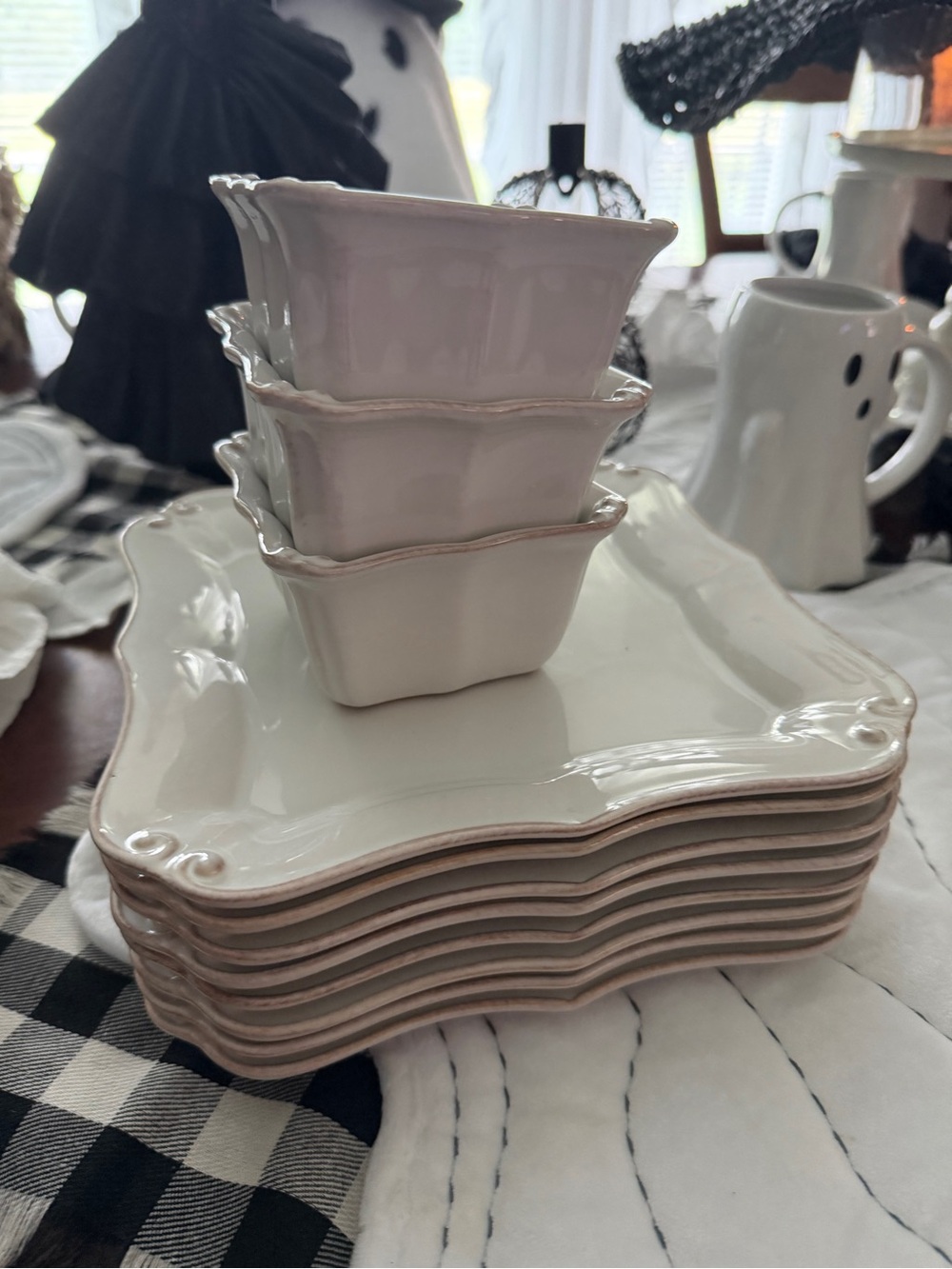 Scalloped White Ceramic Dinner Plates with Matching Ramekins - Classic White Set